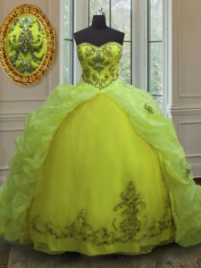 Modern Yellow Green Sleeveless Court Train Beading and Appliques and Pick Ups With Train Quinceanera Gown