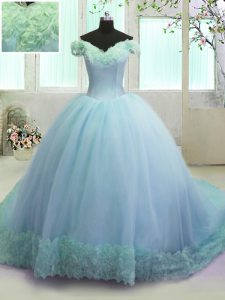Off the Shoulder With Train Lace Up Ball Gown Prom Dress Light Blue for Military Ball and Sweet 16 and Quinceanera with Hand Made Flower Court Train