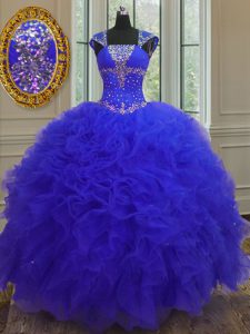 Chic Blue Straps Lace Up Beading and Ruffles and Sequins Quinceanera Gown Cap Sleeves