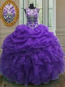 Purple Scoop Lace Up Beading and Ruffles and Pick Ups Quince Ball Gowns Sleeveless