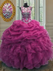 Pick Ups Ball Gowns Sweet 16 Dress Fuchsia Scoop Organza Sleeveless Floor Length Lace Up