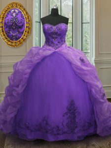 Chic Purple Sleeveless Court Train Beading and Appliques and Pick Ups With Train Vestidos de Damas