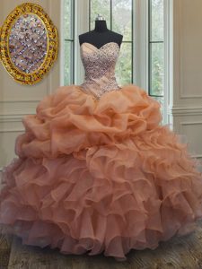 Discount Sweetheart Sleeveless 15 Quinceanera Dress Floor Length Beading and Ruffles and Pick Ups Orange Organza