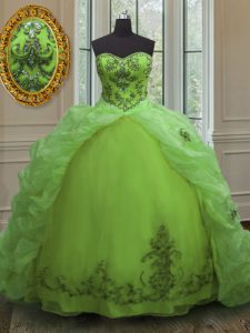 Super Organza Lace Up 15 Quinceanera Dress Sleeveless With Train Court Train Beading and Appliques and Pick Ups