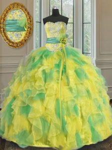 Multi-color Halter Top Neckline Beading and Appliques and Ruffles and Sashes ribbons and Hand Made Flower Quince Ball Gowns Sleeveless Lace Up