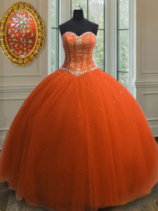 Exquisite Orange Red Ball Gowns Beading and Sequins Quinceanera Gown Lace Up Tulle Sleeveless Floor Length