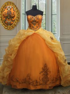 Stunning Orange Ball Gowns Beading and Appliques and Pick Ups Quinceanera Dresses Lace Up Organza Sleeveless With Train