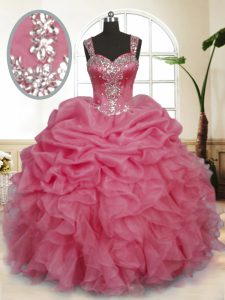 Sophisticated Pink Ball Gowns Straps Sleeveless Organza Floor Length Zipper Beading and Ruffles and Pick Ups Quinceanera Gown
