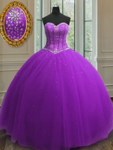 Lovely Sequins Purple Sleeveless Tulle Lace Up Sweet 16 Quinceanera Dress for Military Ball and Sweet 16 and Quinceanera