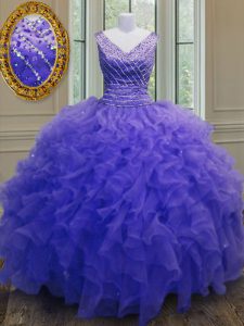Beautiful Sleeveless Floor Length Beading and Ruffles Zipper Sweet 16 Quinceanera Dress with Purple