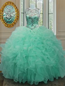 Romantic Scoop Apple Green Organza Lace Up Sweet 16 Quinceanera Dress Sleeveless Floor Length Beading and Ruffles