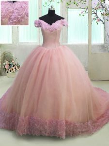 Off the Shoulder Pink Short Sleeves Court Train Hand Made Flower With Train Quinceanera Gowns