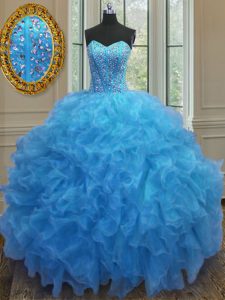 Sophisticated Baby Blue Ball Gowns Sweetheart Sleeveless Organza Floor Length Side Zipper Beading and Ruffles Sweet 16 Dress