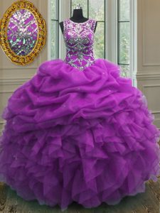 Dazzling Scoop Sleeveless Organza Quinceanera Dresses Beading and Ruffles and Pick Ups Lace Up