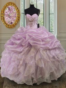 Floor Length Lace Up Quinceanera Gown Lilac for Military Ball and Sweet 16 and Quinceanera with Beading and Ruffles