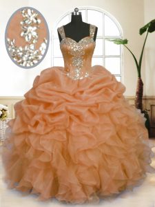 Designer Floor Length Orange 15th Birthday Dress Organza Sleeveless Beading and Ruffles and Pick Ups