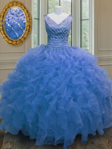 Floor Length Blue 15th Birthday Dress V-neck Sleeveless Zipper