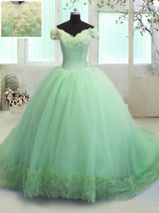 Organza Lace Up Off The Shoulder Short Sleeves With Train Sweet 16 Dress Court Train Hand Made Flower