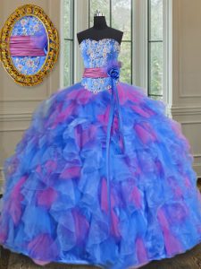 Artistic Sweetheart Sleeveless Organza Quinceanera Gown Beading and Appliques and Ruffles and Sashes ribbons and Hand Made Flower Lace Up