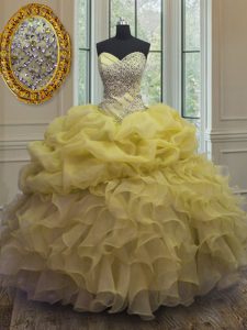 Elegant Pick Ups Ball Gowns Sweet 16 Dresses Yellow Sweetheart Organza Sleeveless Floor Length Lace Up