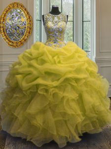 Graceful Yellow Lace Up Scoop Beading and Ruffles and Pick Ups Quinceanera Gowns Organza Sleeveless