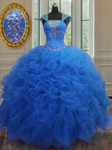 Shining Sequins Sweetheart Cap Sleeves Lace Up Quinceanera Dress Royal Blue Organza