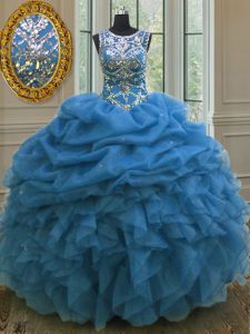 Glorious Scoop Blue Organza Lace Up Sweet 16 Quinceanera Dress Sleeveless Floor Length Beading and Ruffles and Pick Ups