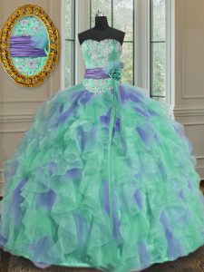 Multi-color Sleeveless Floor Length Beading and Appliques and Ruffles and Sashes ribbons and Hand Made Flower Lace Up Quinceanera Gown