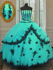 Turquoise Quinceanera Dresses Military Ball and Sweet 16 and Quinceanera and For with Appliques Strapless Sleeveless Lace Up