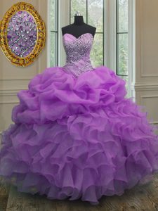 Lavender Sleeveless Floor Length Beading and Ruffles and Pick Ups Lace Up Quinceanera Gown