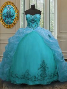 Most Popular Pick Ups With Train Ball Gowns Sleeveless Aqua Blue Sweet 16 Quinceanera Dress Court Train Lace Up