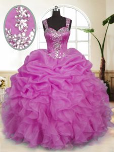 Wonderful Sleeveless Organza Floor Length Zipper 15 Quinceanera Dress in Lilac with Beading and Ruffles and Pick Ups