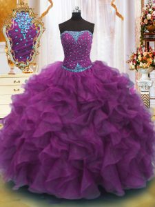 Dynamic Purple Ball Gowns Organza Strapless Sleeveless Beading and Ruffles Floor Length Lace Up Sweet 16 Dress