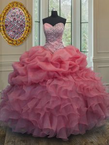 Enchanting Beading and Ruffles and Pick Ups Sweet 16 Dress Pink Lace Up Sleeveless Floor Length