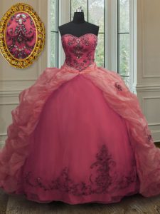 Pink Ball Gowns Organza Sweetheart Sleeveless Beading and Appliques and Pick Ups With Train Lace Up Quince Ball Gowns Court Train