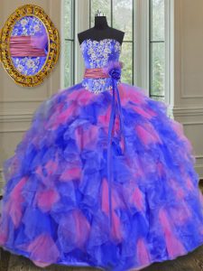 Stylish Multi-color Ball Gowns Sweetheart Sleeveless Organza Floor Length Lace Up Beading and Appliques and Ruffles and Sashes ribbons and Hand Made Flower Quinceanera Gowns