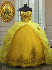 Adorable Pick Ups Light Yellow Sleeveless Organza Court Train Lace Up Sweet 16 Dress for Military Ball and Sweet 16 and Quinceanera