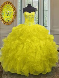 Organza Sweetheart Sleeveless Lace Up Beading and Embroidery and Ruffles Vestidos de Quinceanera in Yellow