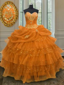 Extravagant Orange Sleeveless Floor Length Beading and Ruffled Layers and Pick Ups Lace Up Vestidos de Quinceanera