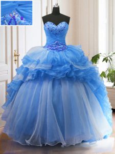 Blue Ball Gowns Organza Sweetheart Sleeveless Beading and Ruffled Layers With Train Lace Up Quinceanera Gown Sweep Train