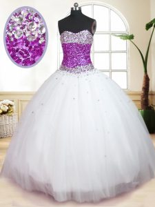 Tulle Sweetheart Sleeveless Lace Up Beading Quinceanera Gowns in White
