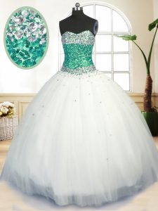 Floor Length Lace Up Quinceanera Dress White for Military Ball and Sweet 16 and Quinceanera with Beading