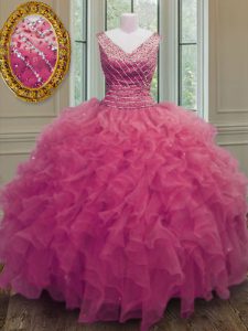 Ball Gowns Quinceanera Gown Hot Pink V-neck Organza Sleeveless Floor Length Zipper