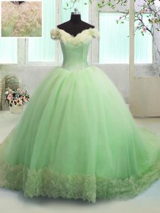 Off the Shoulder Apple Green Lace Up Quince Ball Gowns Hand Made Flower Short Sleeves With Train Court Train