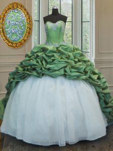 Pick Ups Green Sleeveless Organza and Taffeta Sweep Train Lace Up Sweet 16 Dress for Military Ball and Sweet 16 and Quinceanera