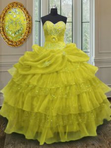 Floor Length Lace Up Quince Ball Gowns Yellow for Military Ball and Sweet 16 and Quinceanera with Beading and Ruffled Layers and Pick Ups
