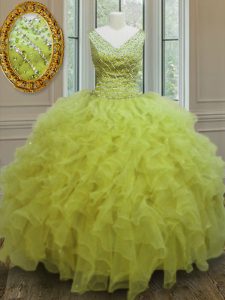 Cheap Yellow Green Sleeveless Organza Zipper Quinceanera Dresses for Military Ball and Sweet 16 and Quinceanera