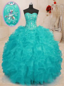 Aqua Blue Sweet 16 Dress Military Ball and Sweet 16 and Quinceanera and For with Beading and Ruffles Sweetheart Sleeveless Lace Up