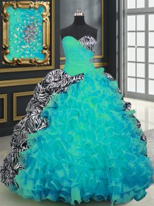 Aqua Blue Ball Gowns Organza and Printed Sweetheart Sleeveless Beading and Ruffles and Pattern With Train Lace Up Quinceanera Dresses Brush Train
