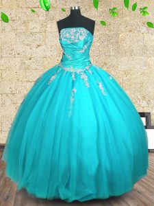 Luxury Aqua Blue Ball Gowns Strapless Sleeveless Tulle Floor Length Lace Up Appliques and Ruching 15 Quinceanera Dress